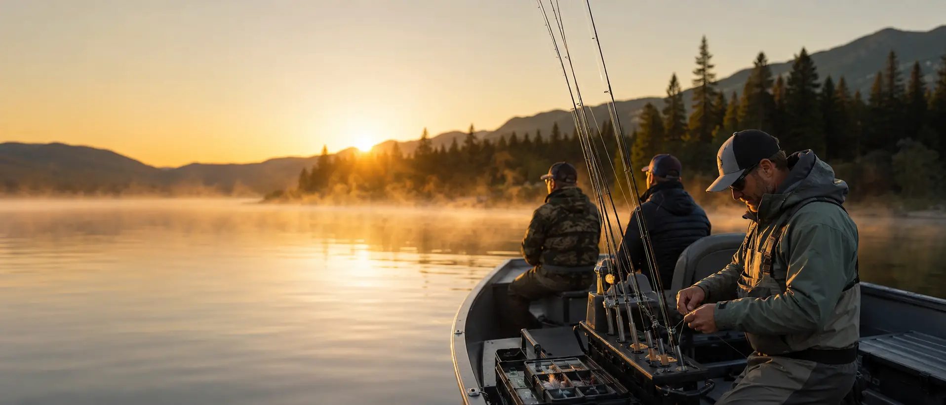 Anglers on a boat at sunrise